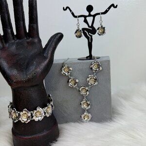 3-Piece 2028 Jewelry Crystal Flower Y-Necklace, Stretch Bracelet, Earrings